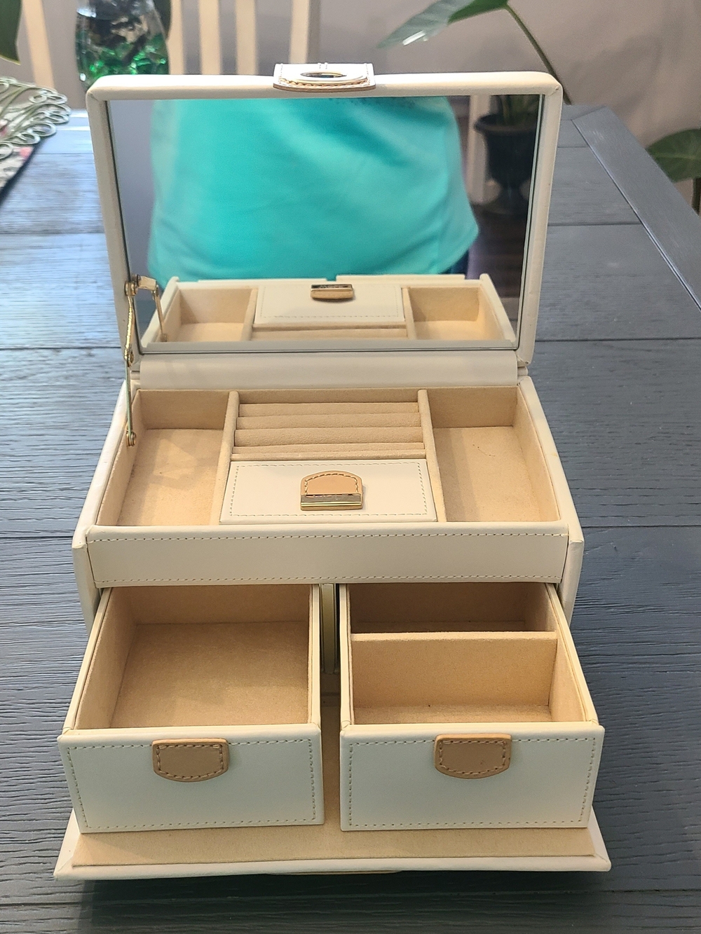 WOLF Cream and Tan Leather Jewelry Organizer with Mirror
